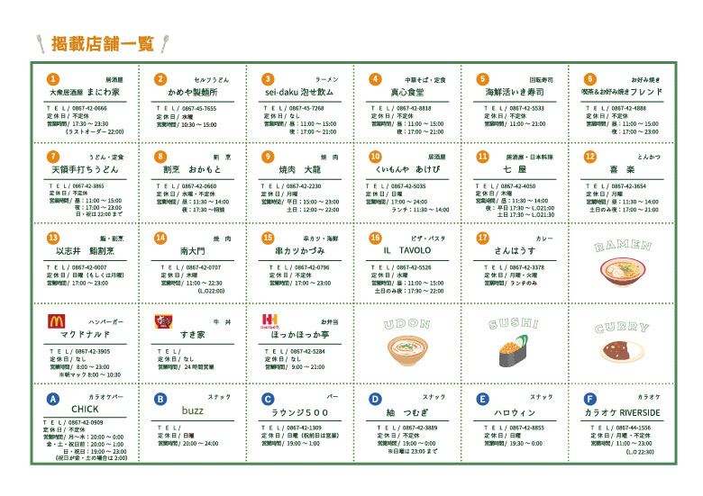 ホテル周辺MAP、裏（飲食店一覧表）